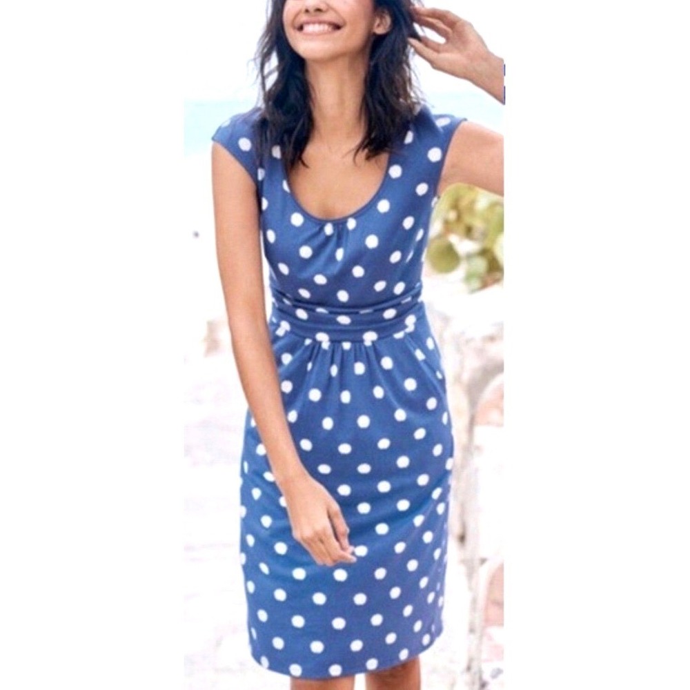 Boden Blue White Polka Dot Jersey Dress Sz 10 Pockets Preppy Retro Inspired